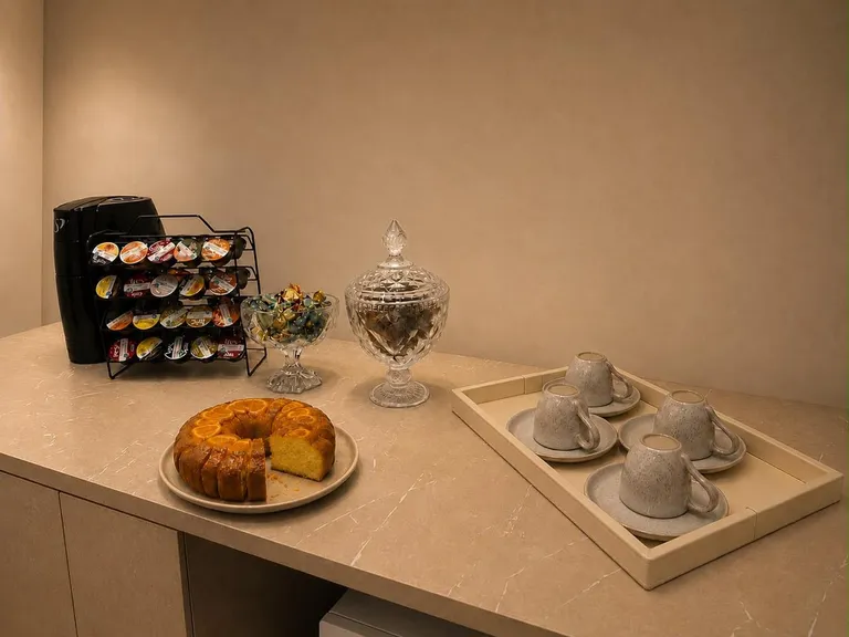 Cantinho do café da INOVA, com cápsulas, bolo caseiro e xícaras servidas na recepção